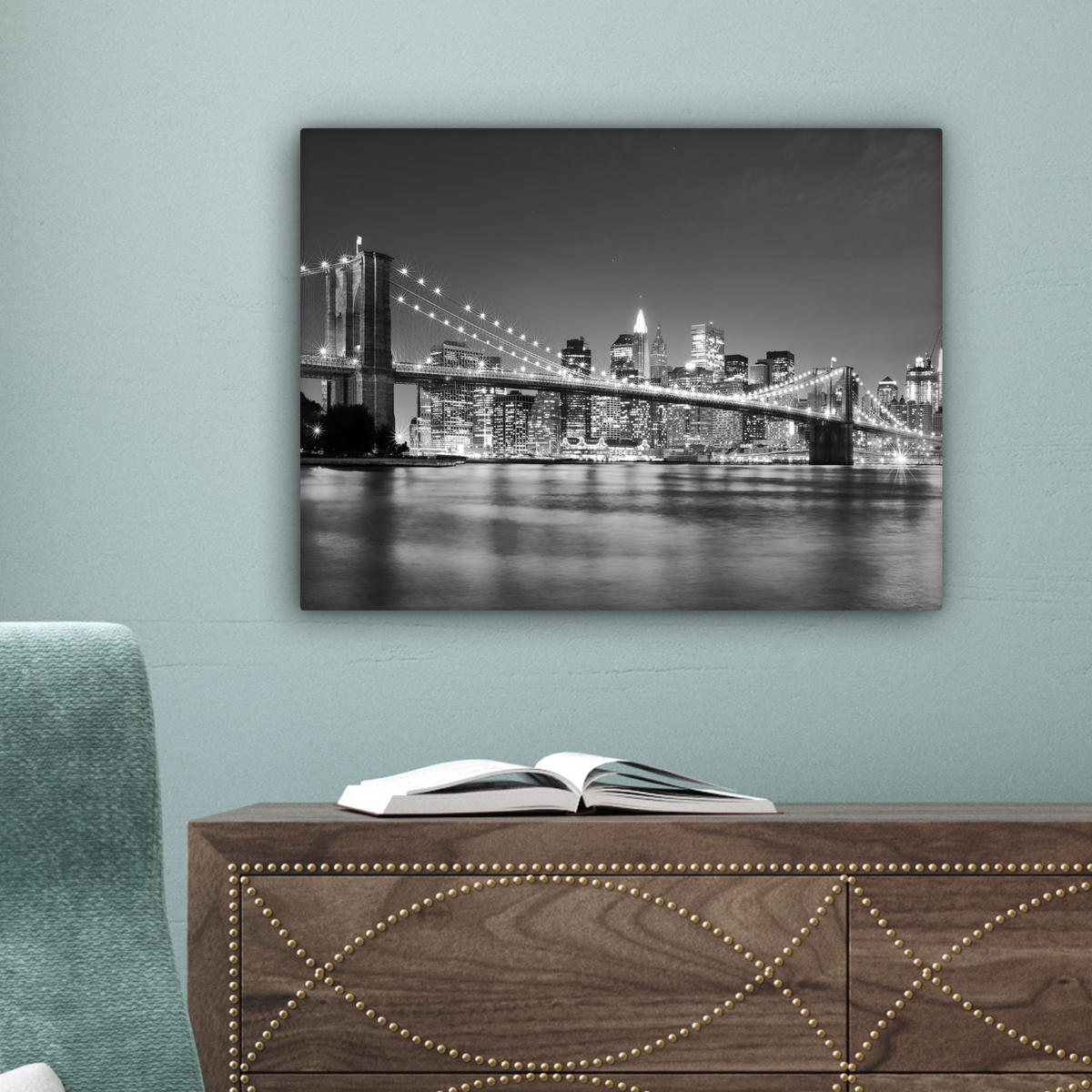 LEINWANDBILD - New York - Brücke - Brooklyn - Schwarz und weiß - Architektur - 40x30 - Wanddeko - Schwarz, Textil (40/30cm) - MuchoWow