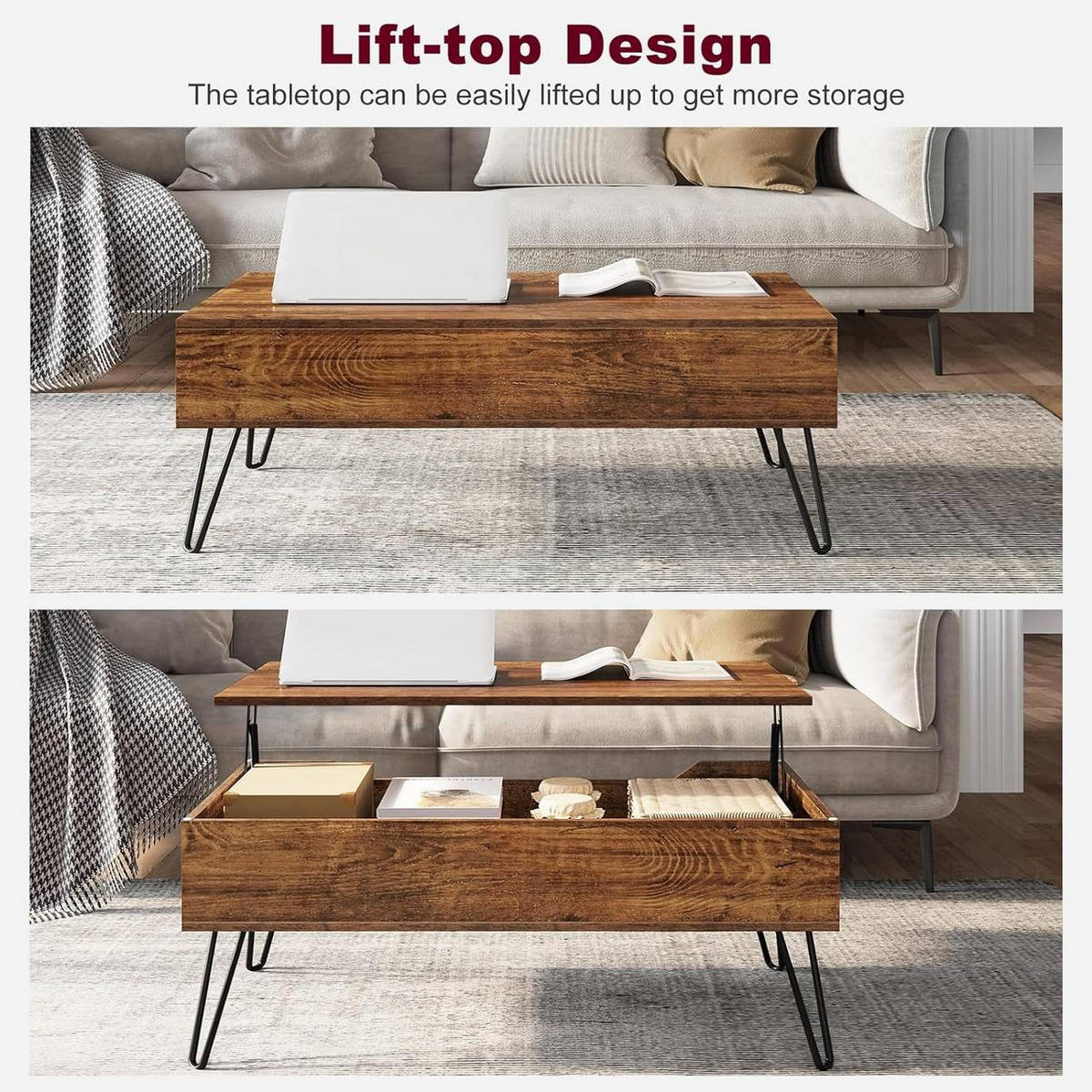 COUCHTISCH mit Stauraum, Metallbeine, Vintage-Holzoptik - Alteiche, Holzwerkstoff/Metall (50/95/40cm) - Woltu