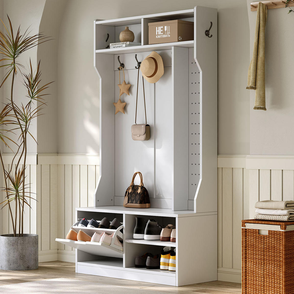 GARDEROBENSET Flurgarderobe mit Sitzbank 6 Haken Weiß 100x40x185.5cm - Weiß, Holzwerkstoff (185.4/40/100cm) - FLIEKS