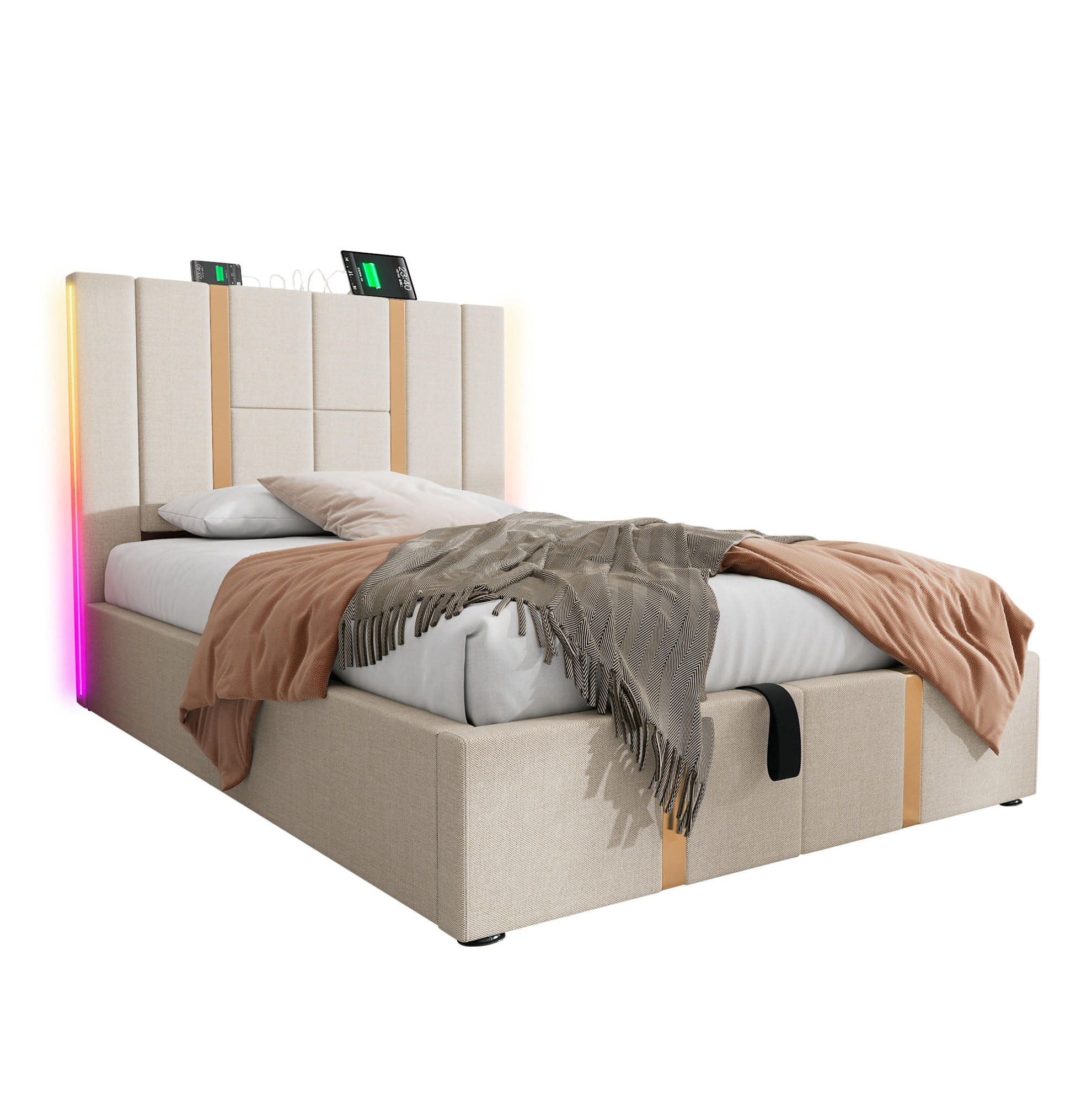 POLSTERBETT 90/200 cm Beige aus Leinen mit Stauraum - Beige, Textil (90/200cm) - OKMYHOME