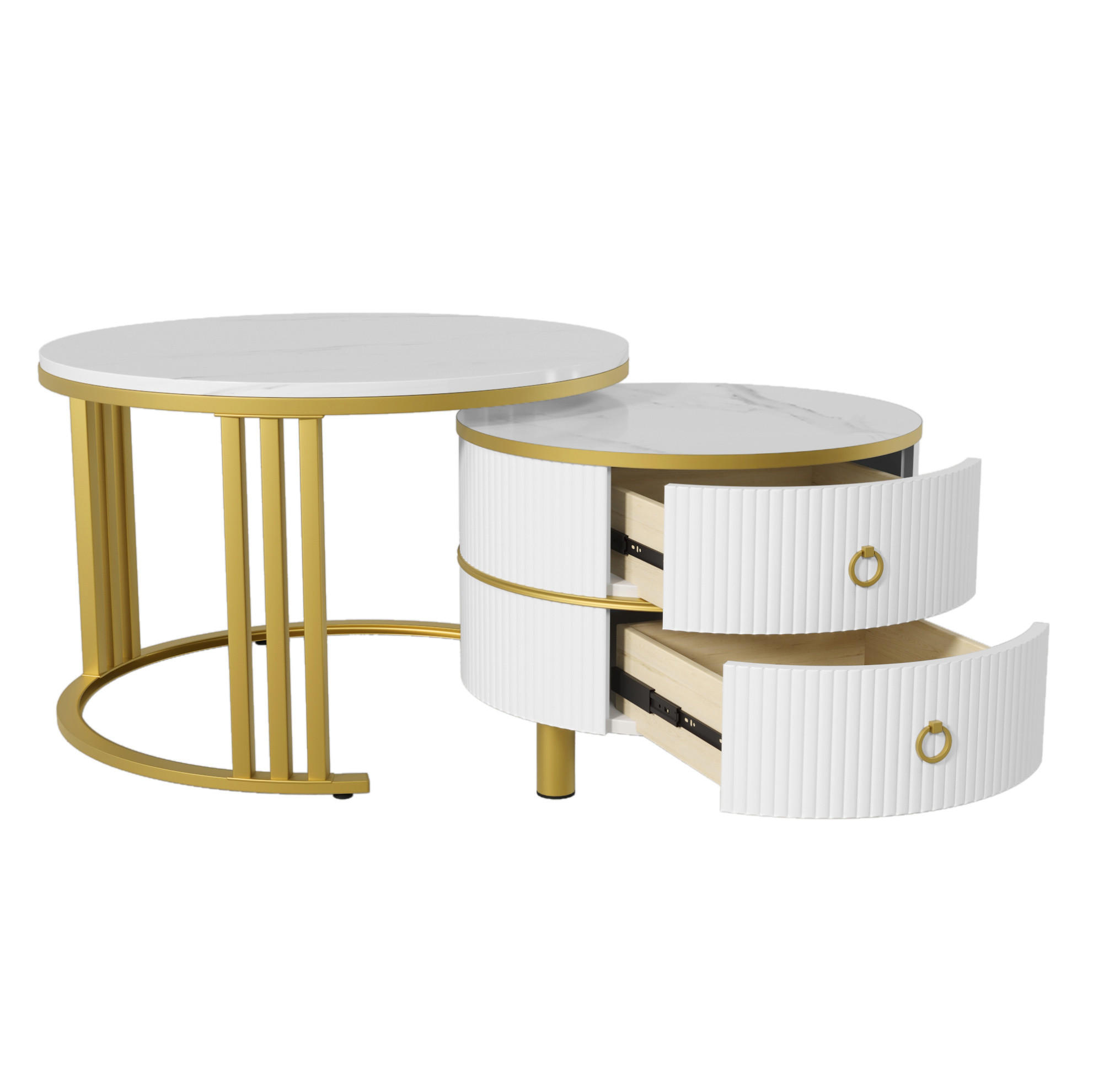 KONFERENČNÍ stolky, 70/70/46 + 50/50/40 cm, MDF bílá, 2dílná sada se zásuvkami - bílá/zlatá, kompozitní dřevo (70/70/46cm) - BEAOK