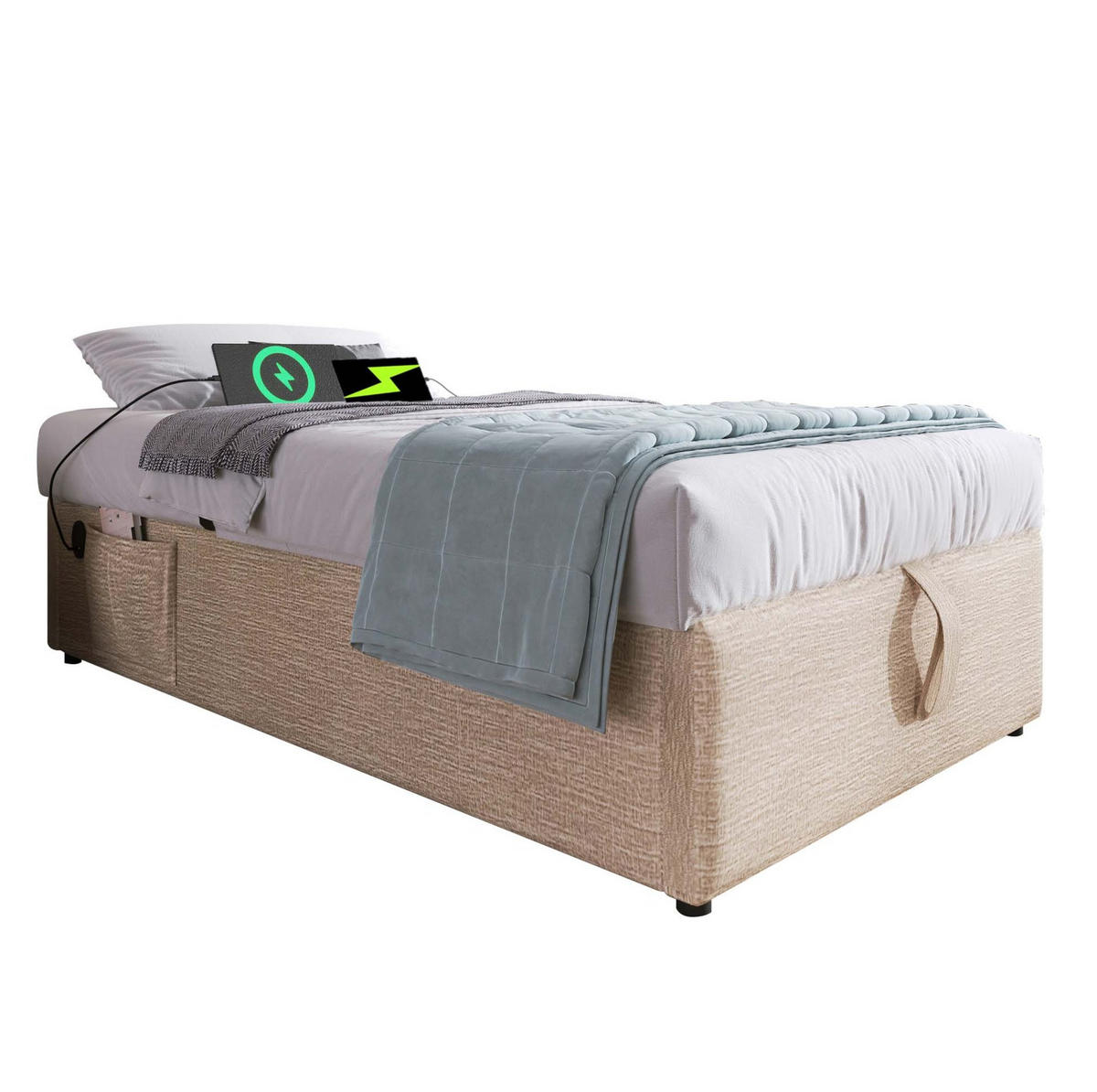 POLSTERBETT 90/200 cm mit Stauraum aus Leinen und USB-C-Anschluss - Beige, Textil (90/200cm) - OKWISH