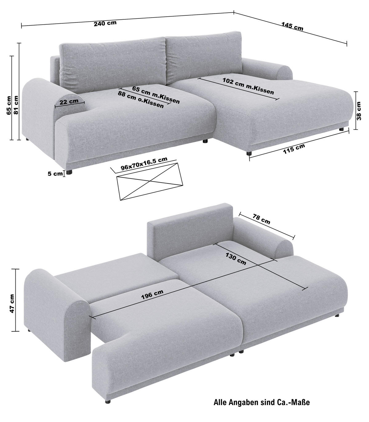 ECKSOFA m.Schlaffunktion, Bettkasten, extrabreite Ottomane rechts, abgerundete Armlehnen, B240/T145/H81 cm, Bezug Bouclé-Charakter Beige Creme / 21027 - Beige/Creme, Kunststoff/Textil (240/145cm) - luma-home