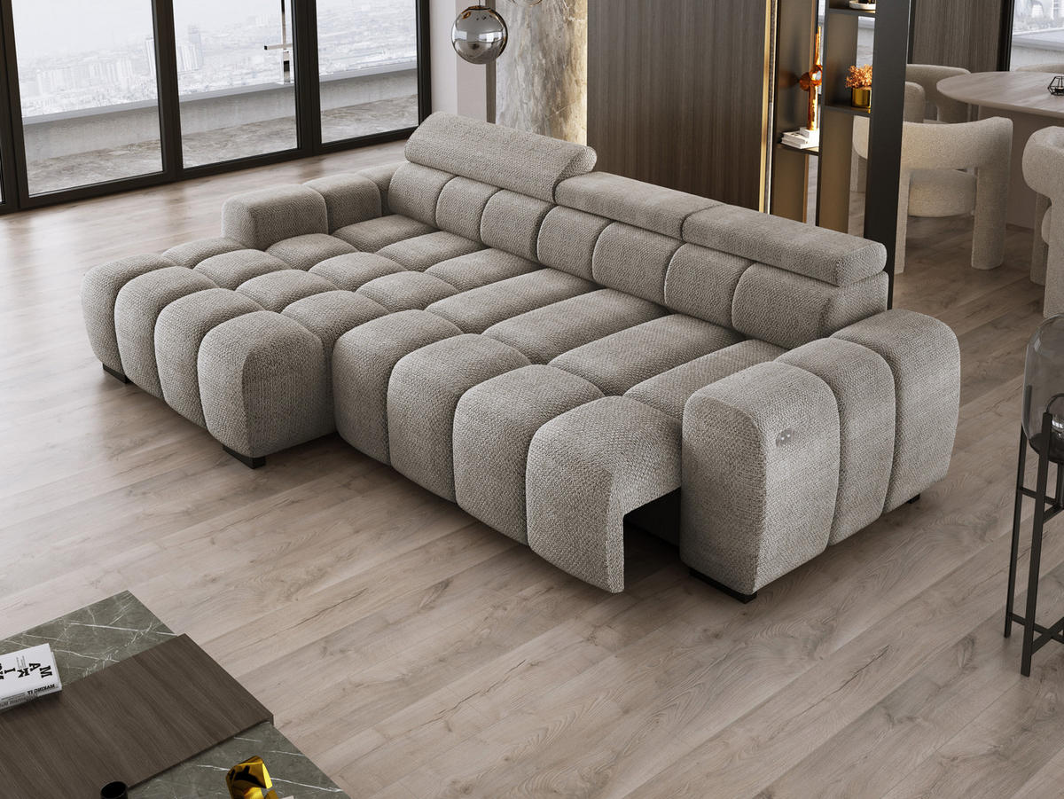 ECKSOFA OMBO 285x168x77/97 cm, Links, Schlaffunktion, elektr. Sitz, Kopfstützen, hydrophober EDEN-Stoff – Grau - Grau, Holz/Textil (168/285cm) - DomoHome