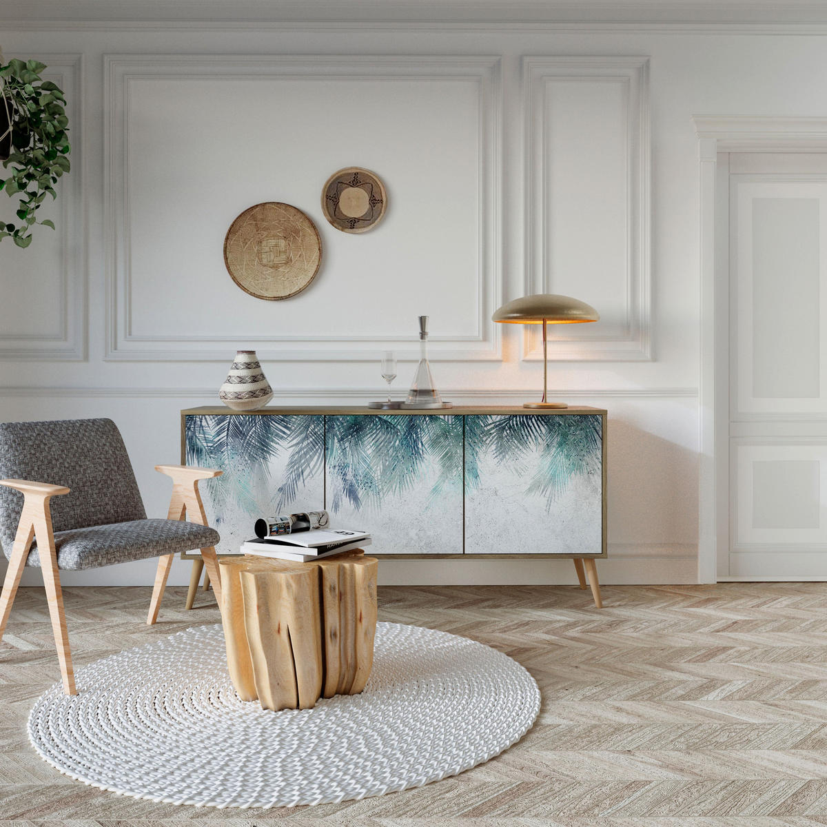 SIDEBOARD PALM VEIL, Eicheneffekt, 164,5x42x77,5 cm, 3 Türen - Eichefarben/Buchefarben, Holzwerkstoff/Buchenholz (164.5/77.5/42cm) - SpaceRebels