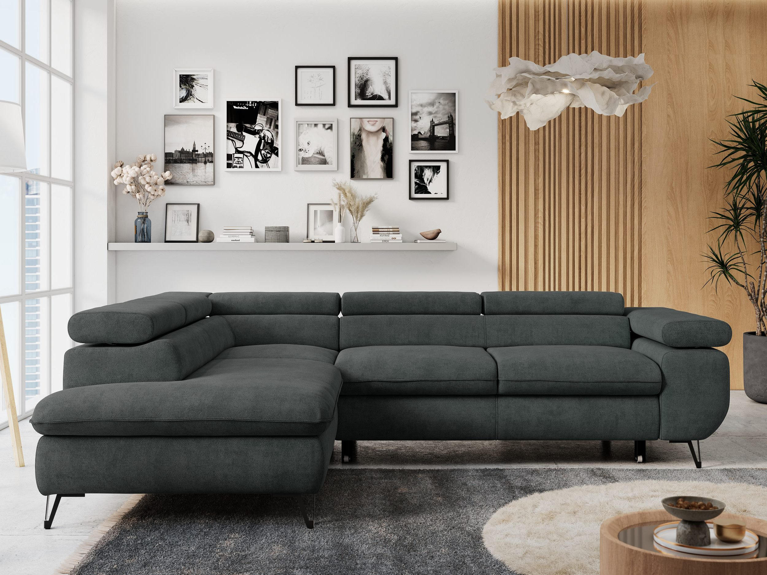 ECKSOFA PETER L Dunkelgrau Struktur - Links Seite - Dunkelgrau/Schwarz, Textil/Metall (208/273cm) - MKS