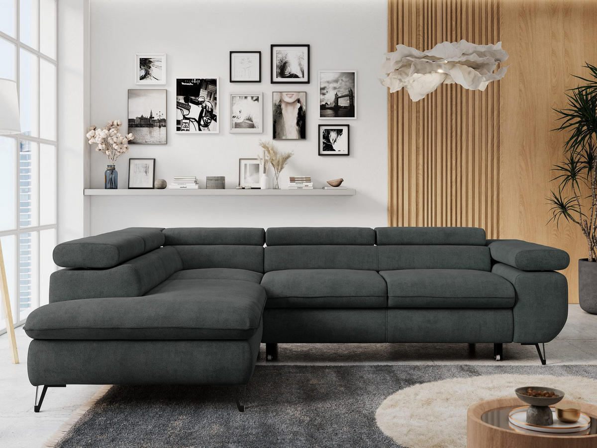 ECKSOFA PETER L Dunkelgrau Struktur - Links Seite - Dunkelgrau/Schwarz, Textil/Metall (208/273cm) - MKS