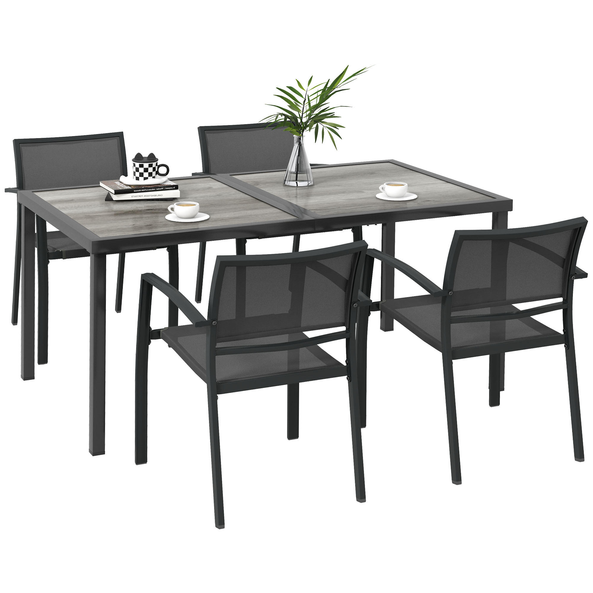 SITZGRUPPE Gartenmöbel-Set, 1 Esstisch, 4 stapelbaren Stühlen, Textil, Dunkelgrau - Grau, Textil/Metall - Outsunny