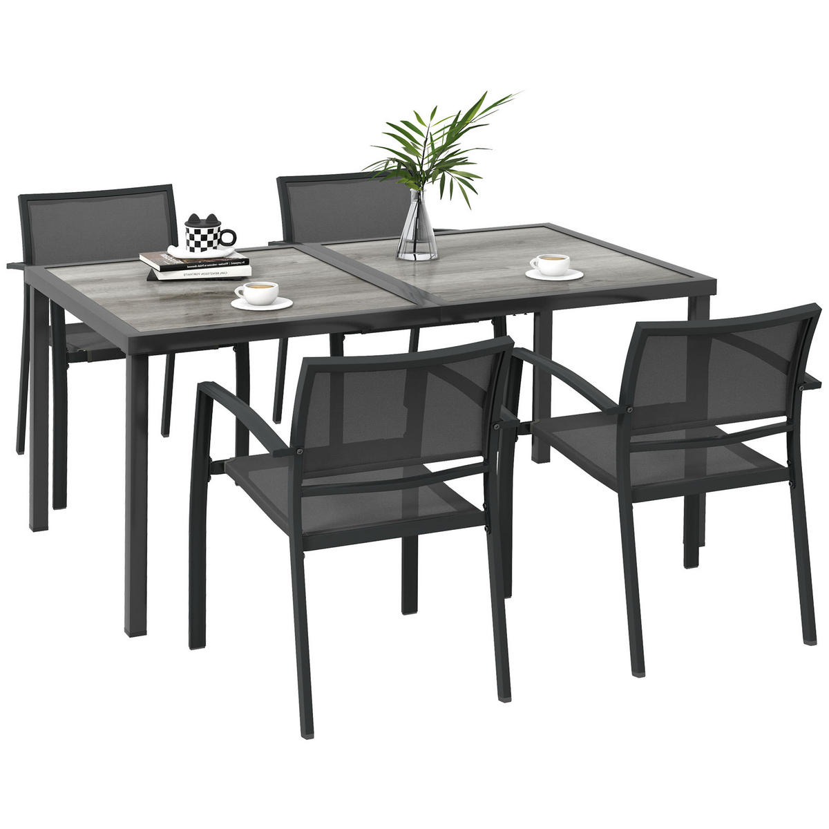 SITZGRUPPE Gartenmöbel-Set, 1 Esstisch, 4 stapelbaren Stühlen, Textil, Dunkelgrau - Grau, Textil/Metall - Outsunny