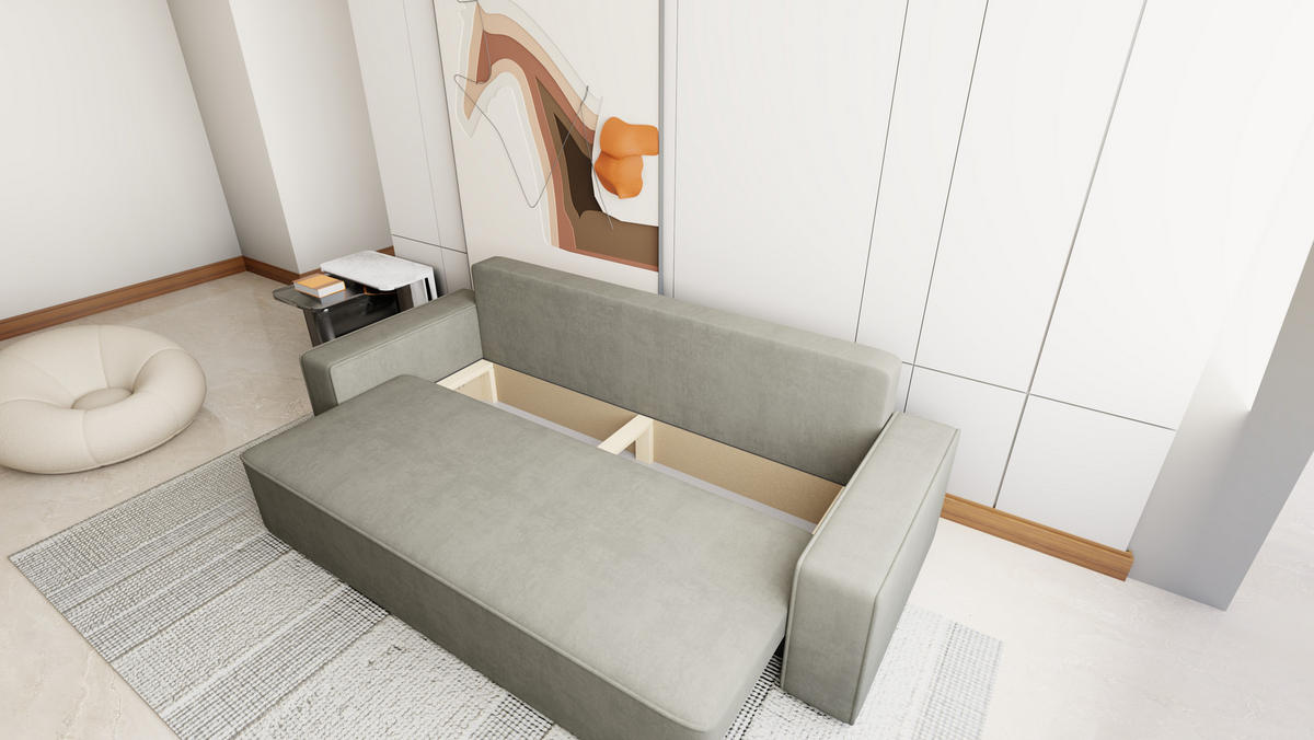 SOFA Veno mit Bettkasten und Schlaffunktion, Velourstoff - Hellgrau, Holzwerkstoff (242/85/95cm)