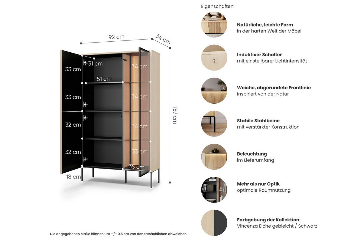 VITRINE FAVOS 01 92/157/34 cm in Eiche Vincenza hell und Schwarz mit LED - Eichefarben/Schwarz, Holzwerkstoff (92/157/34cm) - Deine Möbel 24