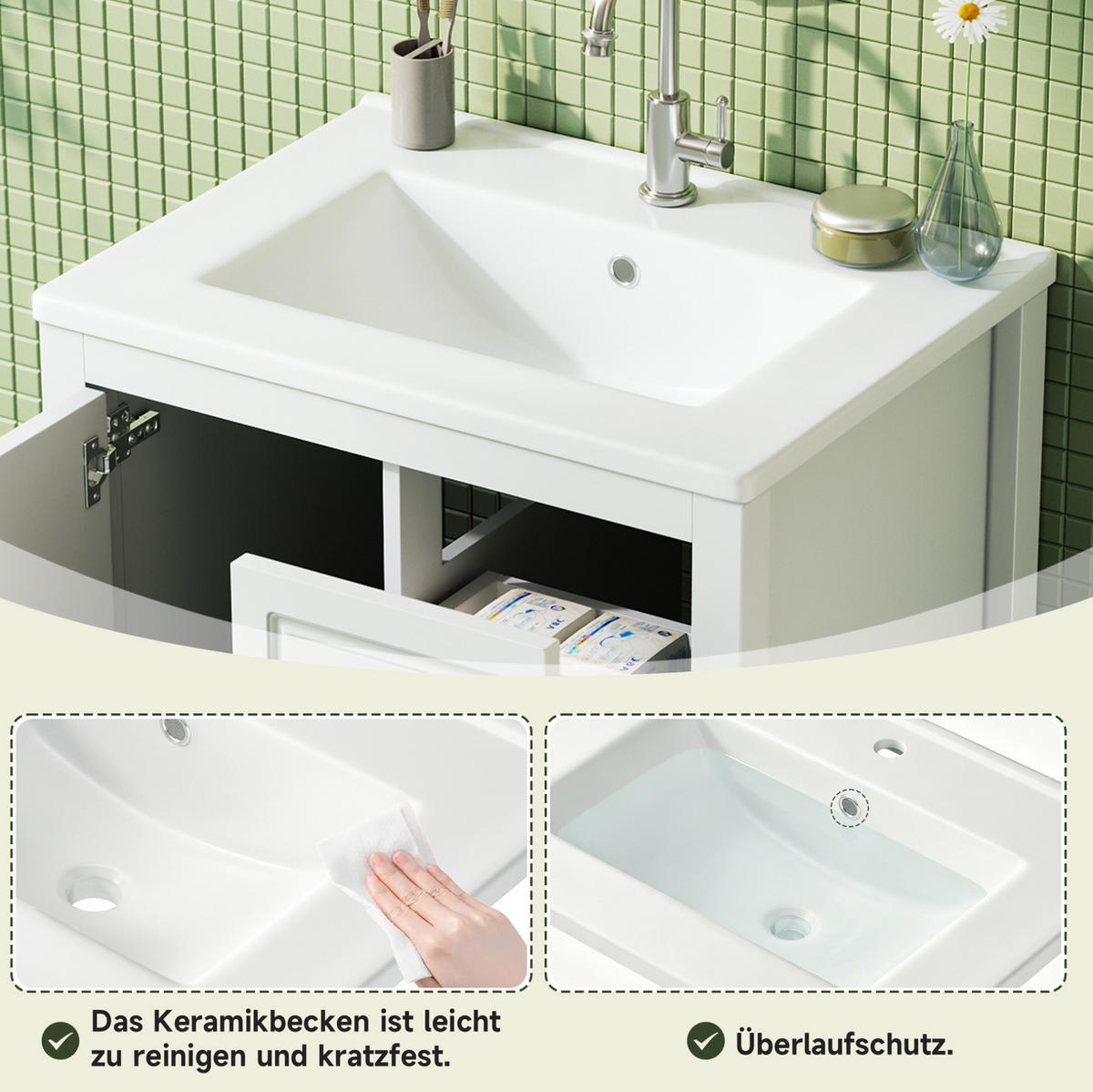 WASCHTISCH aus MDF und Keramik 62x47x90 cm Weiß mit Stauraum, Soft-Close und Überlaufschutz - Weiß, Keramik (62/90/47cm) - Modfu