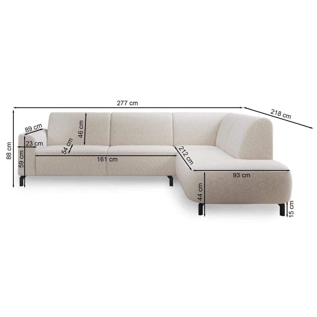 ECKSOFA Lununa Creme mit Armlehne, Bouclé, Ottomane rechts - Creme/Schwarz, Textil/Metall (218/277cm) - Selsey