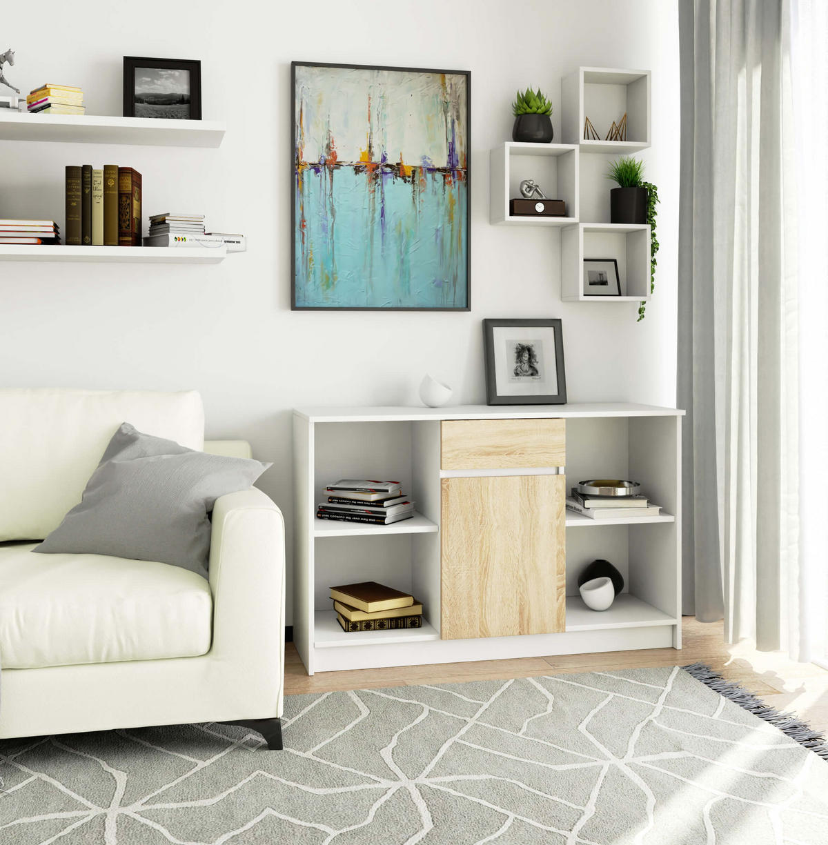 KOMMODE Weiß, Eiche Sonoma 77/120/40 - Weiß, Holzwerkstoff (120/77/40cm) - RAUMHIRSCH FURNITURE