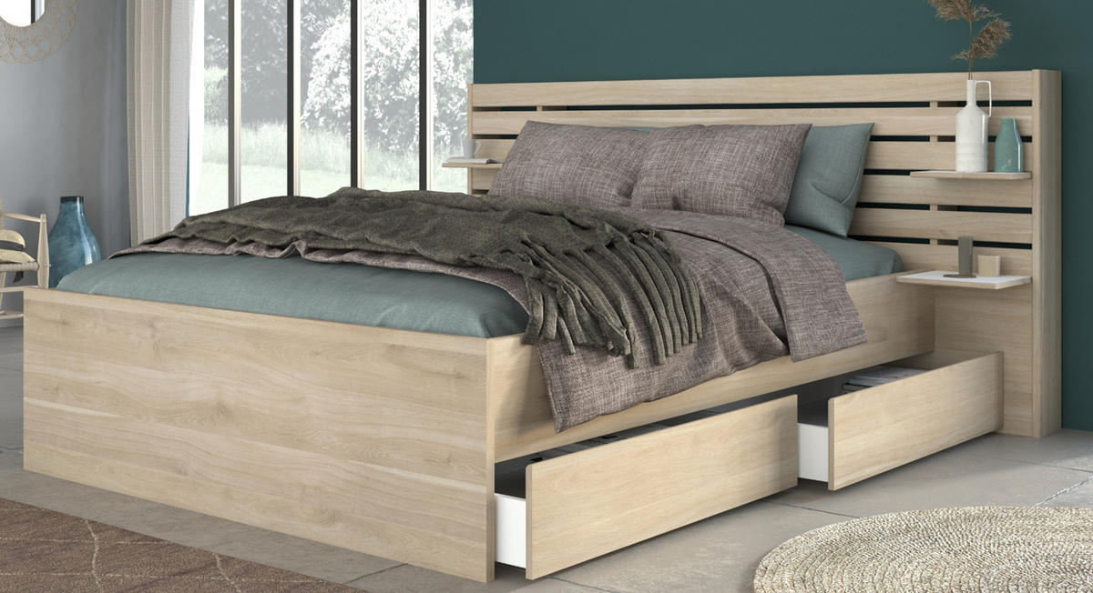 STAURAUMBETT Bett 160 x 200 cm 2x Bettschubkasten und Ablagen - Eichefarben, Holz/Holzwerkstoff (200/160cm) - Parisot Meuble