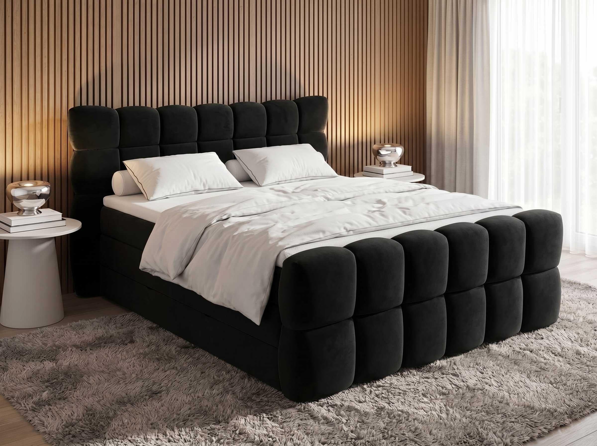 BOXSPRINGBETT Milano Schwarz 200/200 cm Samt Stoff mit Bettkasten, mit Matratze, mit Topper H3/H4 - Schwarz, Textil (200/200cm) - wonello