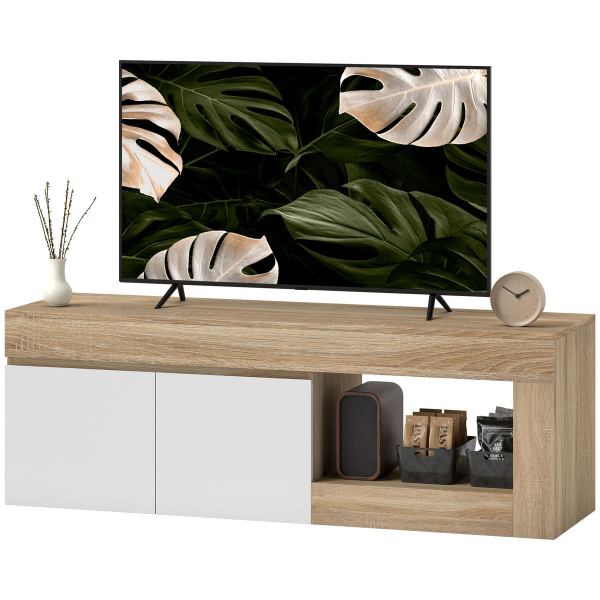 LOWBOARD Weiß/Natur 140/40/48 cm, 2 Türen, Soft-Close-Scharniere - Naturfarben, Holzwerkstoff (140/48/40cm) - PANGIVO