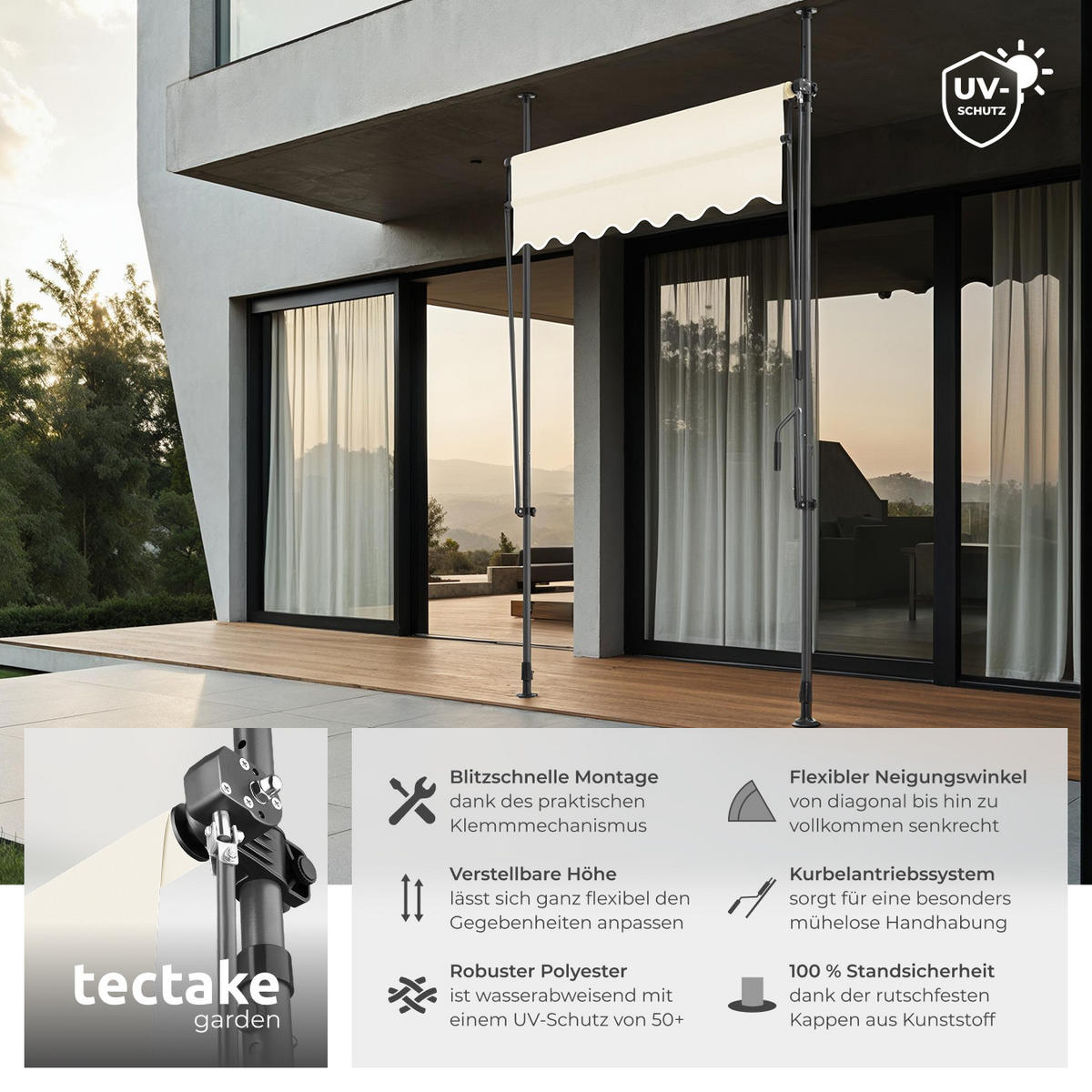 KLEMMMARKISE ,einfache Montage,beige - Beige, Kunststoff (150/304/180cm) - tectake