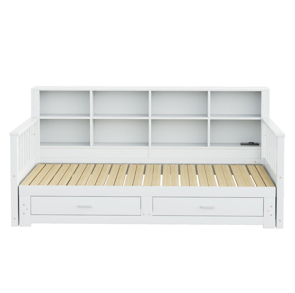 BETT aus Kiefernholz 90x190/180x190 cm Weiß mit Ausziehbett, Steckdose, Stauraumrückenlehne und 2 Schubladen - Weiß, Holzwerkstoff (90/190cm) - Modfu