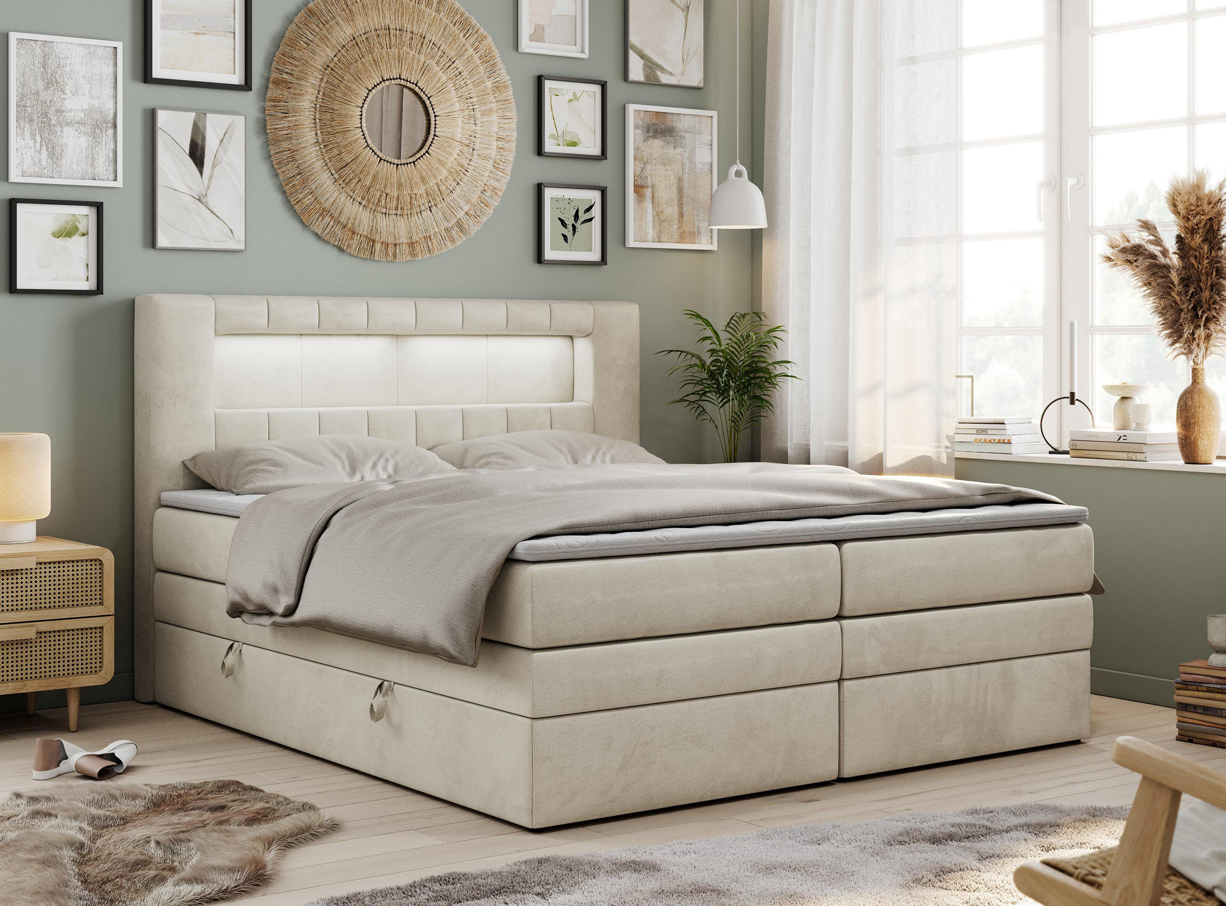 BOXSPRINGBETT GOLD-5 KING LED 120/200 Beige Velvet - H3 - Beige, Holz/Textil (120/200cm) - MKS