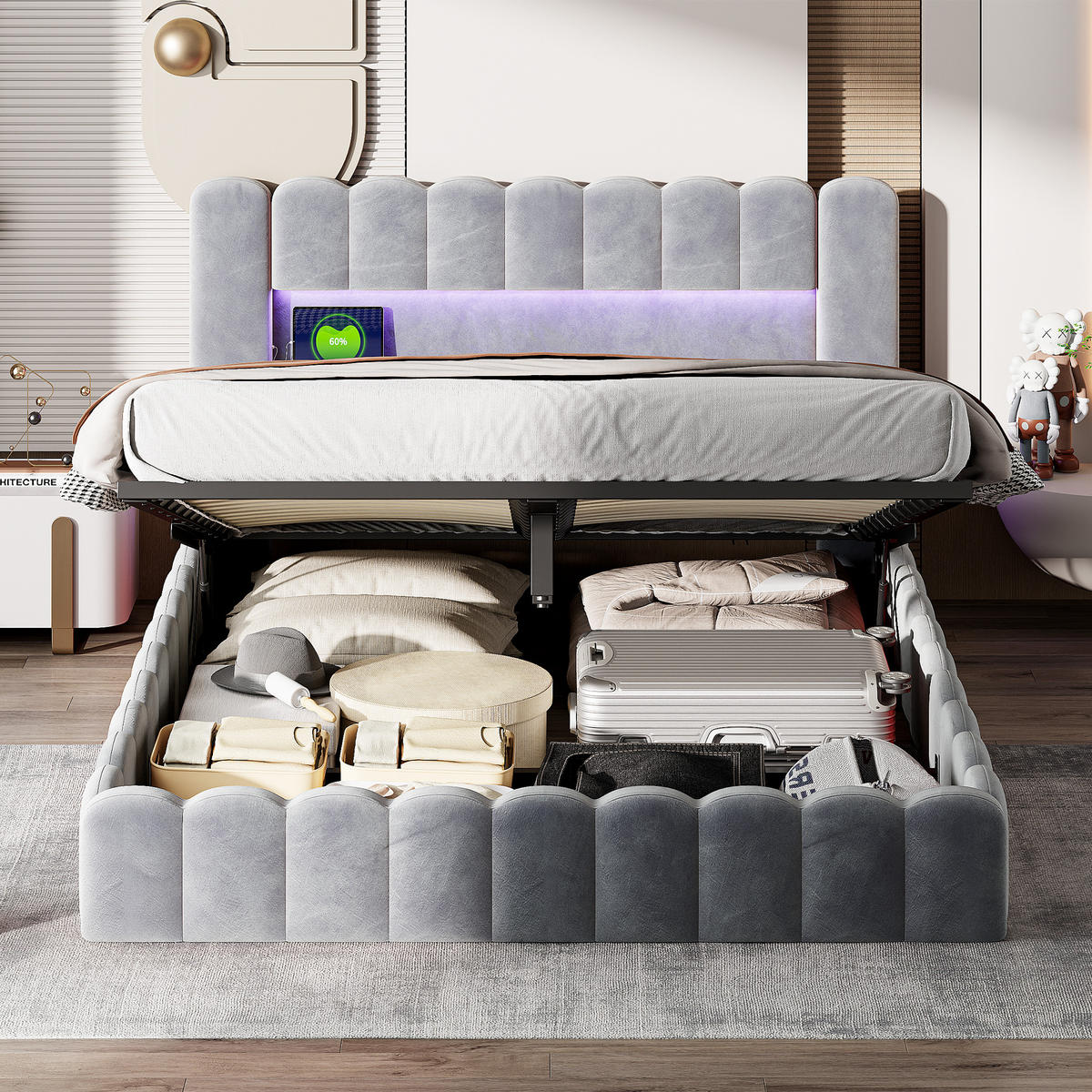 POLSTERBETT 180x200 cm, Grau, mit USB & LED - Hellgrau, Textil/Metall (180/200cm)