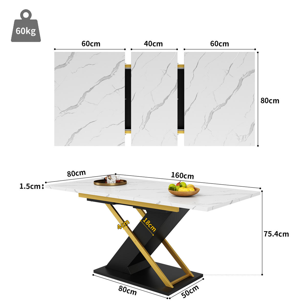 ESSTISCH 120-160/75,4/80 cm Schwarz aus MDF und Metall mit Ausziehfunktion - Schwarz, Holzwerkstoff (160/80/75.4cm) - OKMYHOME