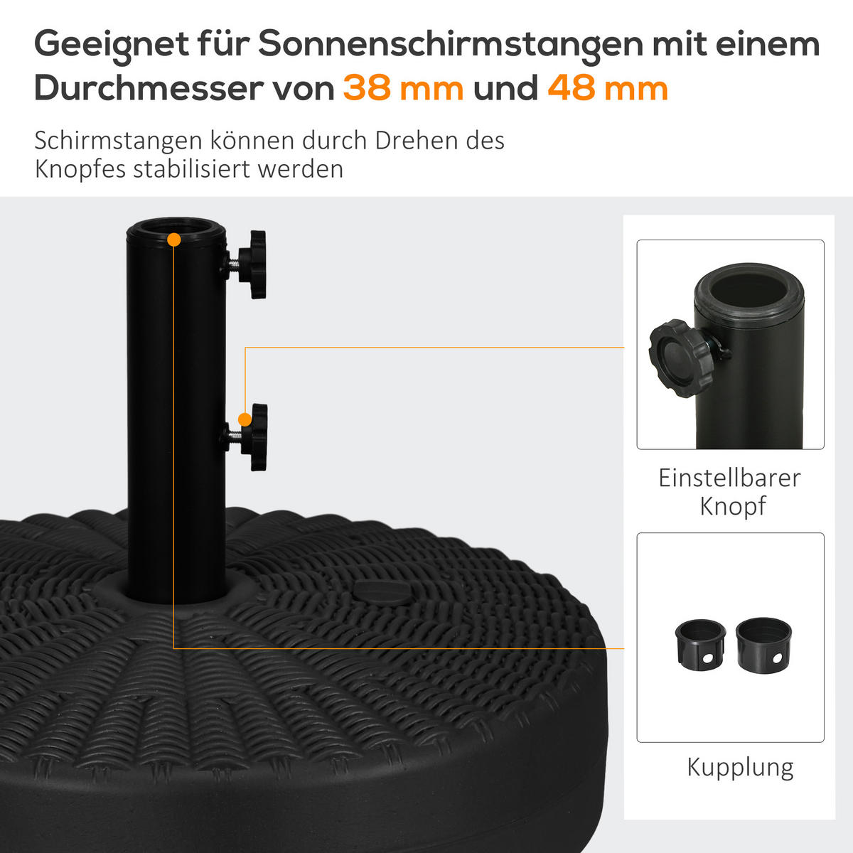 SONNENSCHIRMFUß für Ø38/48 mm Schirmstangen Schirmständer mit Rattanoptik für Garten Balkon HDPE Schwarz Ø51 x 36 cm - Schwarz, Kunststoff (51/51cm) - Outsunny