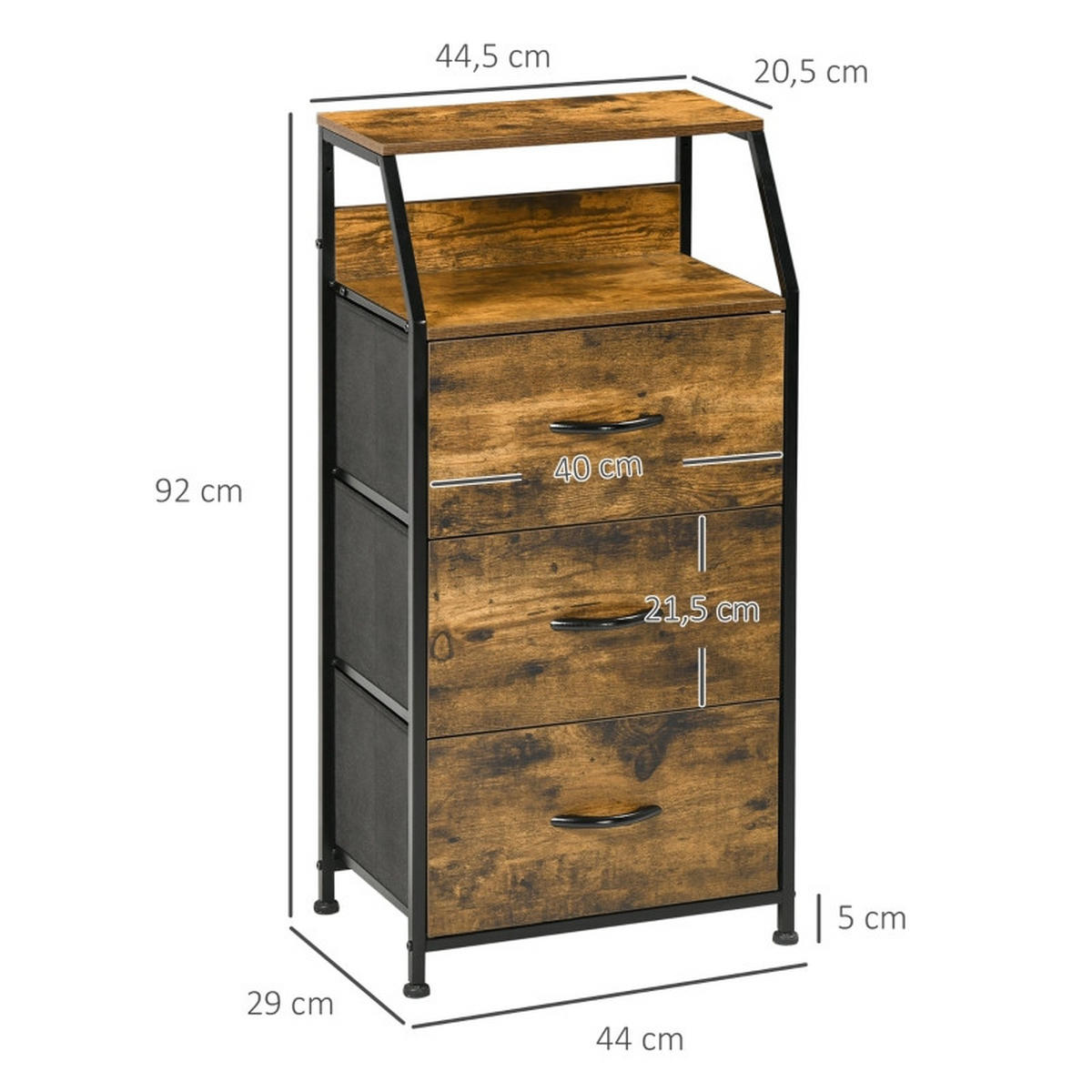 KOMMODE 44x29x92 cm, 3 Schubladen, Industriestil - Kastanienfarben, Holz (44/92/29cm)