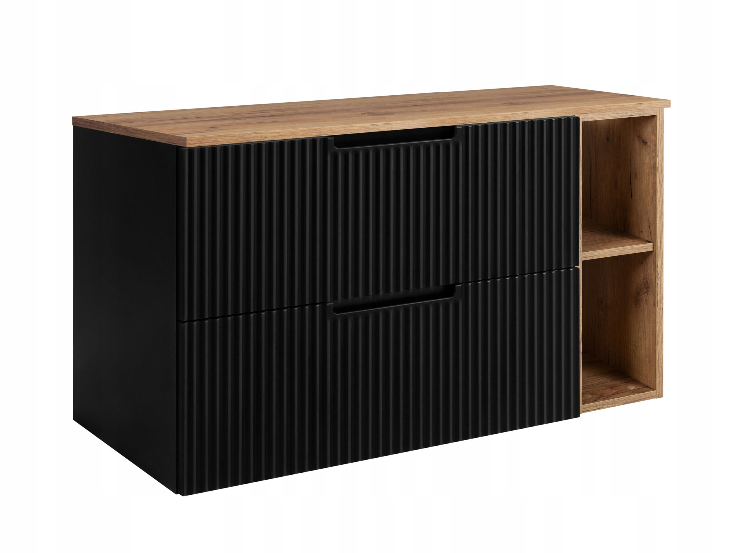 WASCHBECKUNTERSCHRANK VENA 100 cm mit Arbeitsplatte Farbe: Eichen Craft mit einem Regal Gerillte Vorderseite Matt Schwarz - Eichefarben/Schwarz, Holzwerkstoff (100/58/46cm) - Rodan