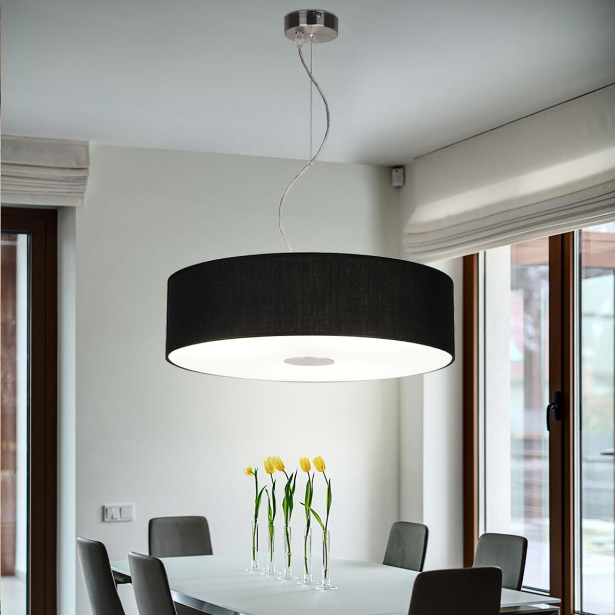 HÄNGELEUCHTE Textilschirm Schwarz gebürstet - Schwarz, Glas (45/45/110cm)