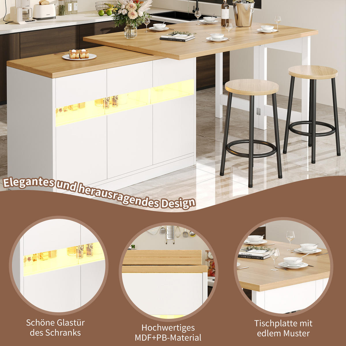 BAROVÝ PULT OTOČNÝ 360° 120-180cm LED ÚLOŽNÝ PROSTOR BÍLÝ - bílá, kompozitní dřevo (40/120/75.8cm) - FLIEKS