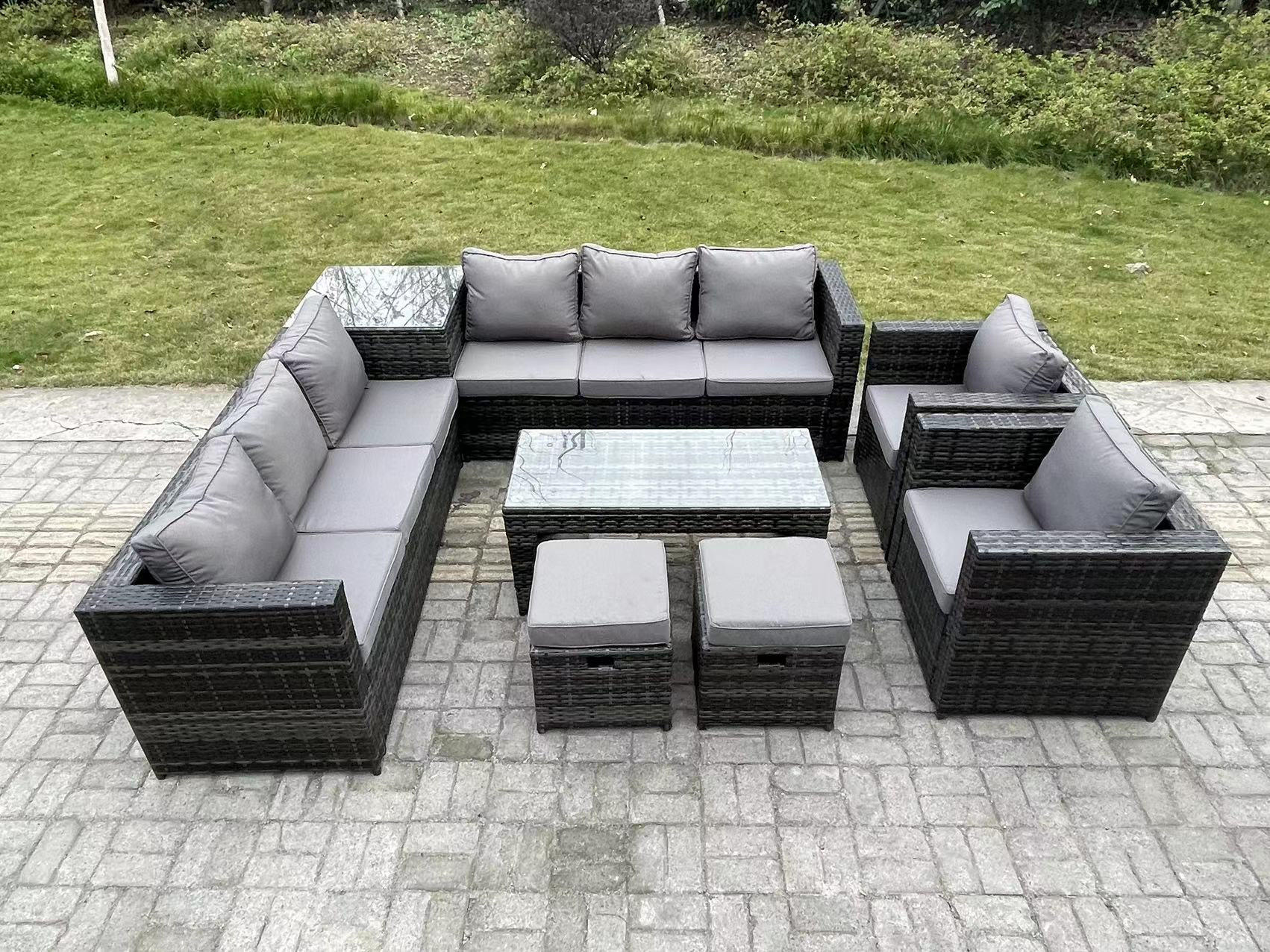 GARTENTISCHGRUPPE Polyrattan 10-Sitzer - Dunkelgrau/Grau, Glas/Kunststoff - Fimous