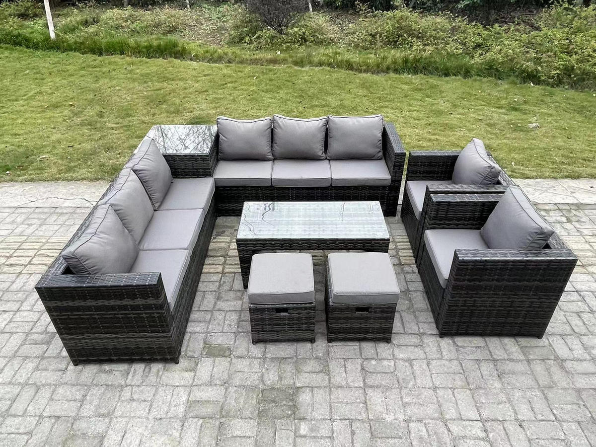 GARTENTISCHGRUPPE Polyrattan 10-Sitzer - Dunkelgrau/Grau, Glas/Kunststoff - Fimous