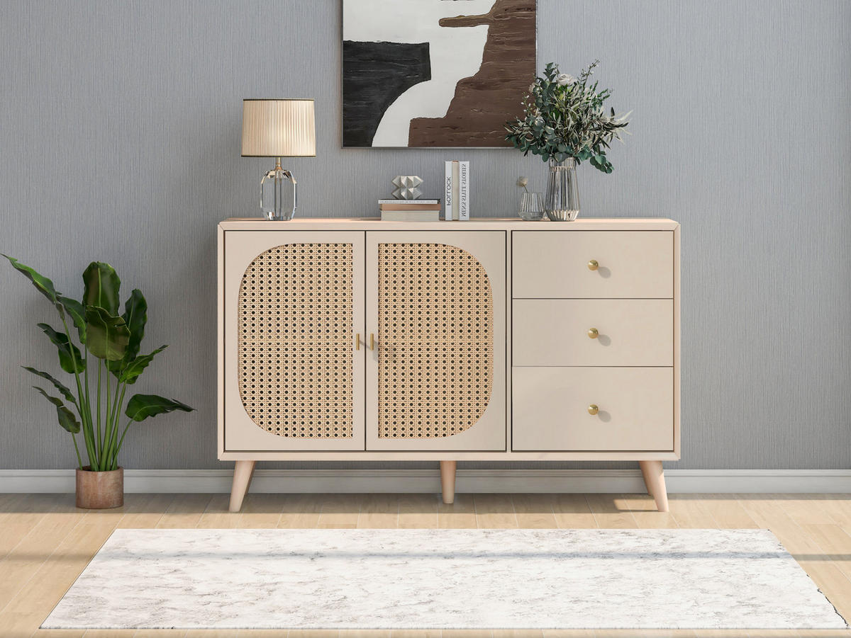 SIDEBOARD mit 2 Türen und 3 Schubladen, Offwhite mit Rattangewebe, 120/40/82,5 cm, Ecru - Ecru, Holzwerkstoff (120/82.5/40cm) - Redom