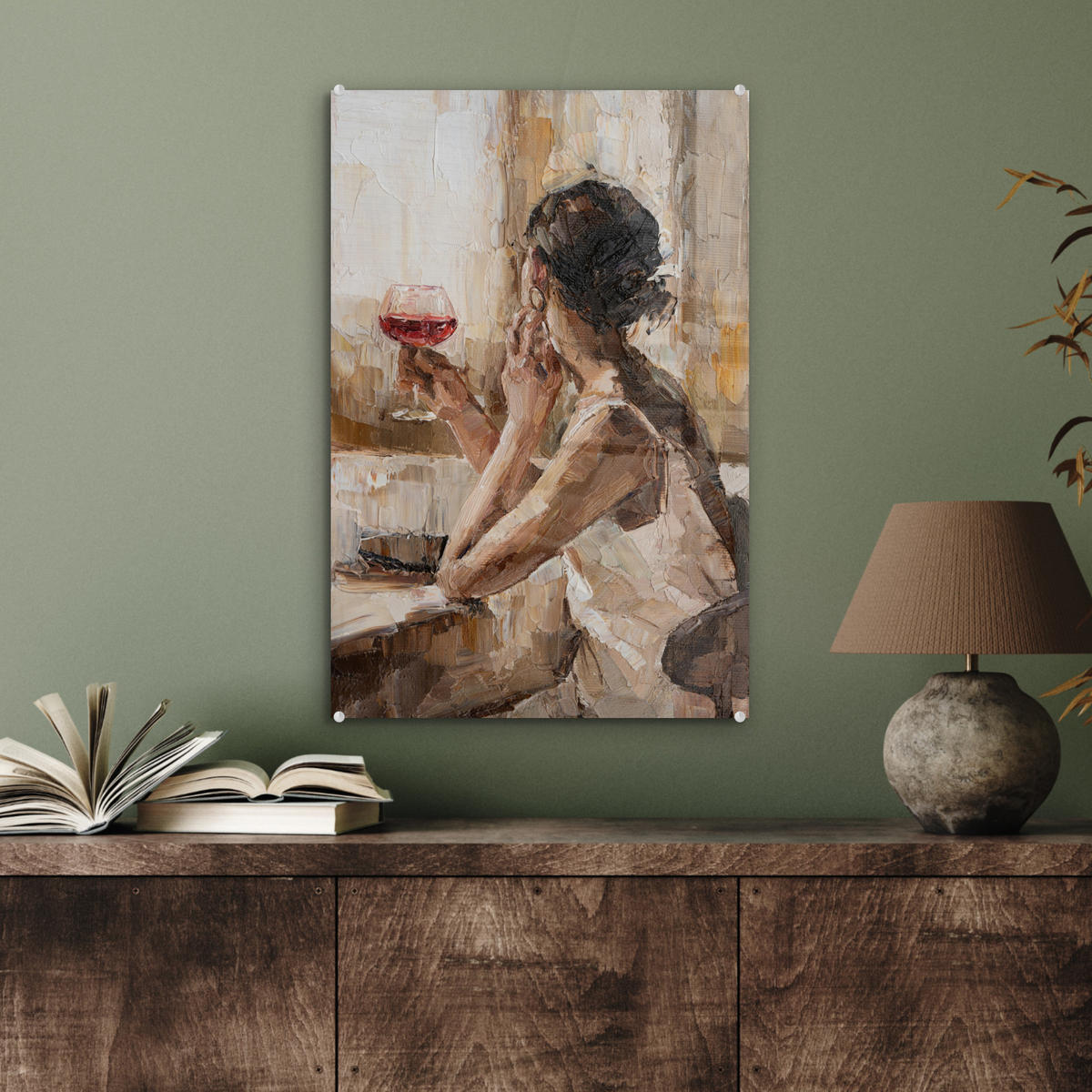 ACRYLGLASBILD Ölgemälde - Frau - Wein 40x60 cm - Hellbraun, Glas (40/60cm) - MuchoWow