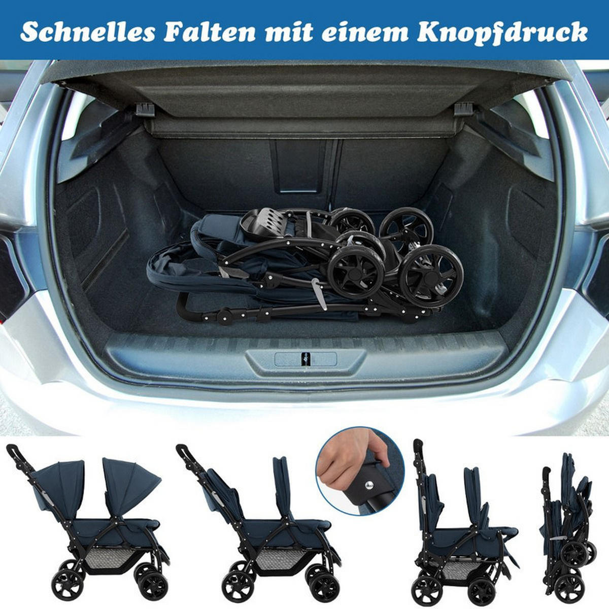 GESCHWISTERWAGEN klappbar blau - Blau, Metall (57/123/95cm) - COSTWAY