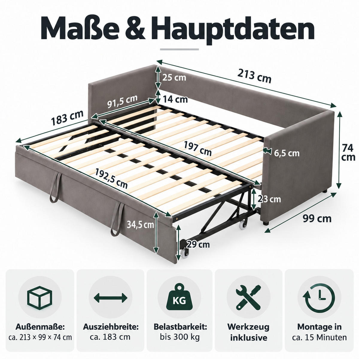 SCHLAFSOFA Samt grau ausziehbar mit Gästebett Funktion 3-fach umwandelbar Tagesbett mit Rollen - Grau, Metall (183/74/213cm) - Joyfair