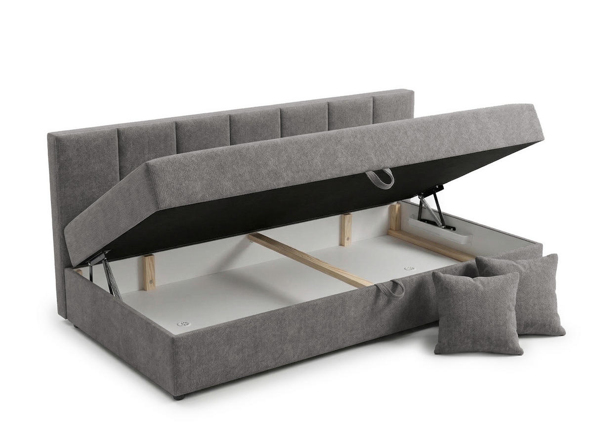 TAGESBETT Lenny mit Rückenlehne und großem Bettkasten aus Grau Chenille-Stoff - Schwarz/Grau, Holz/Kunststoff (90/200cm) - S-Style Möbel