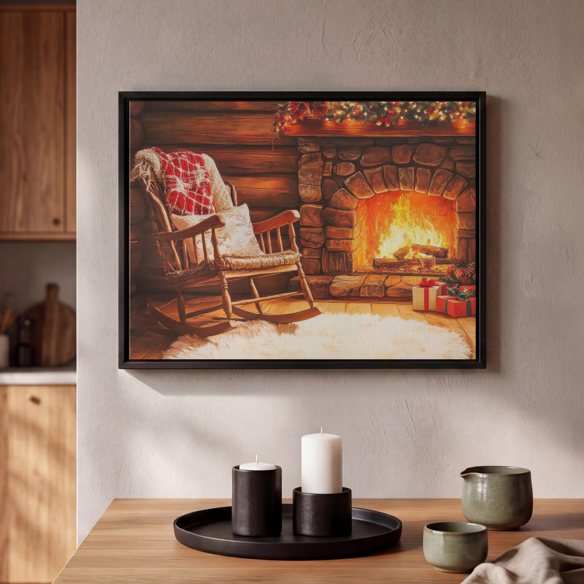 LEINWAND Bilder mit Rahmen - Winter - Weihnachten - Zuhause - Kamin - 40x30 - Bernsteinfarben, Textil (40/30cm) - MuchoWow
