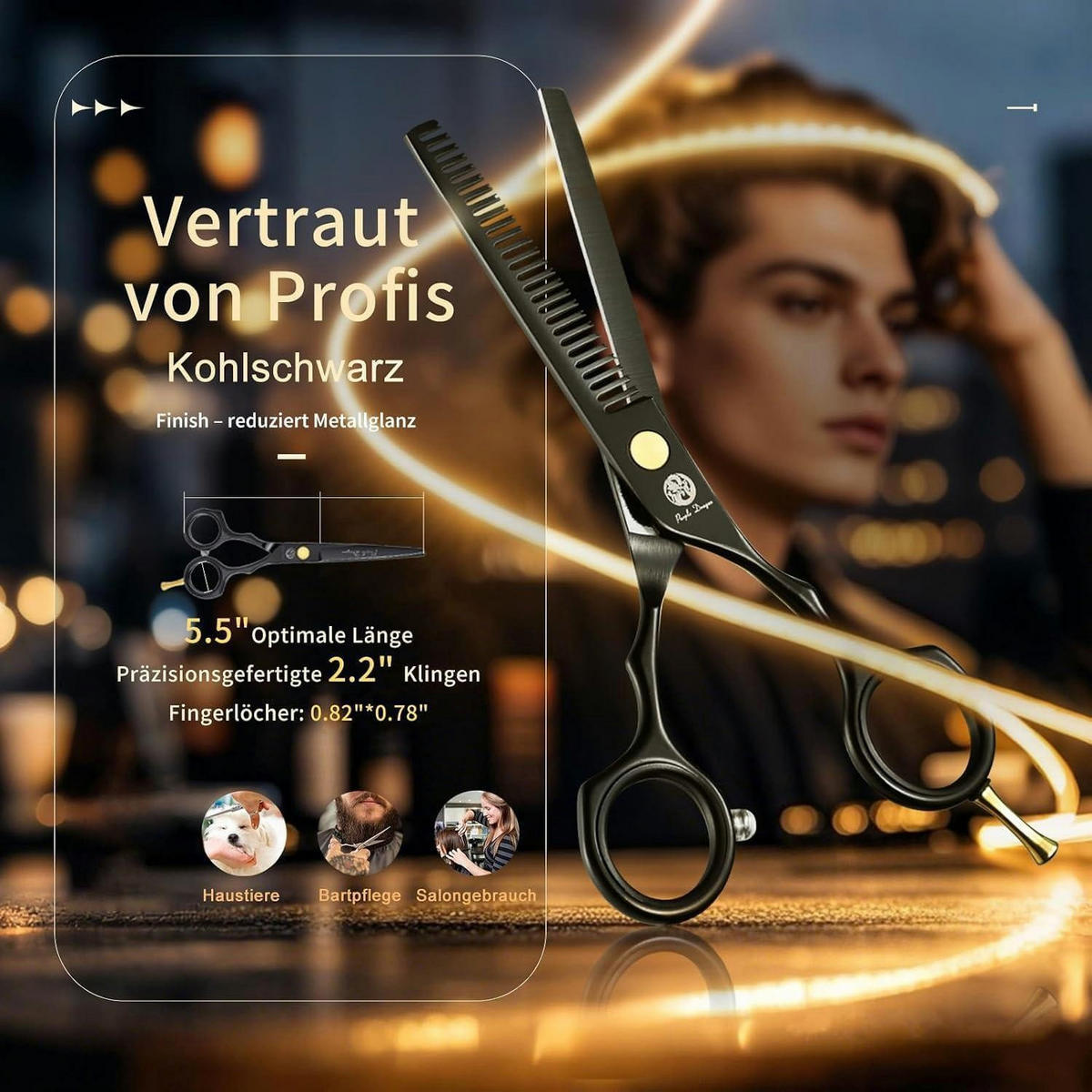 HAARSCHERE Set 14 cm 440C Edelstahl mit Geschenk-Etui - Schwarz, Metall (9.6/3.1/21.7cm)