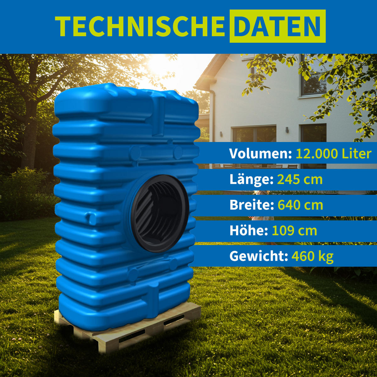 M Flachtank 12000 L inkl. Schachtverlängerung - Blau, Kunststoff (640/109/245cm) - 4rain