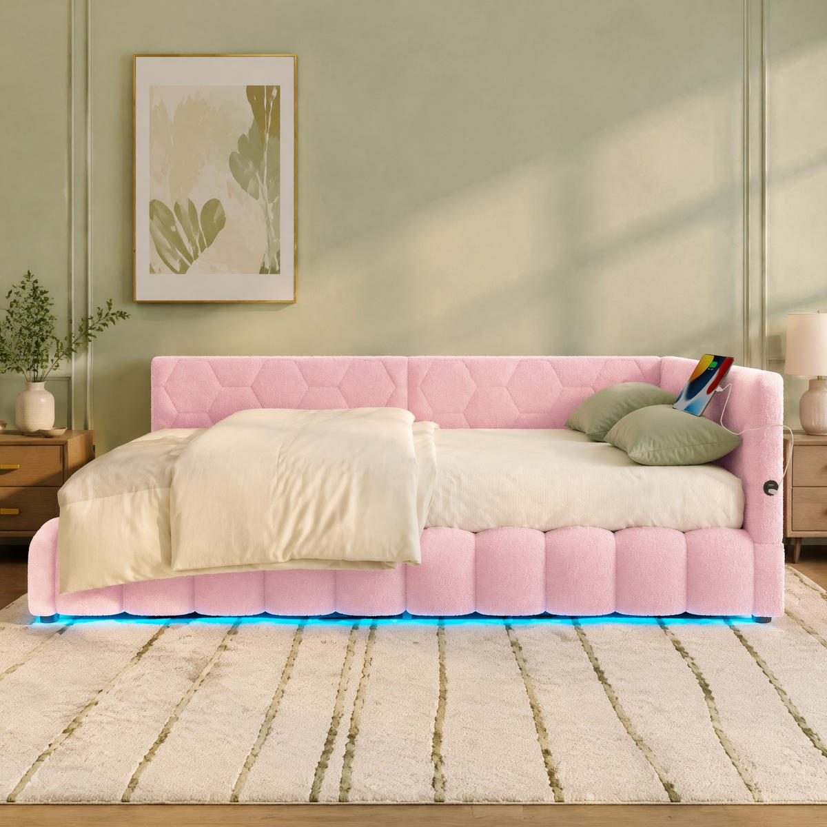 POLSTERBETT 90/200 mit LED-Lichtleiste, Bettkasten, USB und Type-C in Rosa - Rosa, Holzwerkstoff/Textil (90/200cm) - EVRYAE