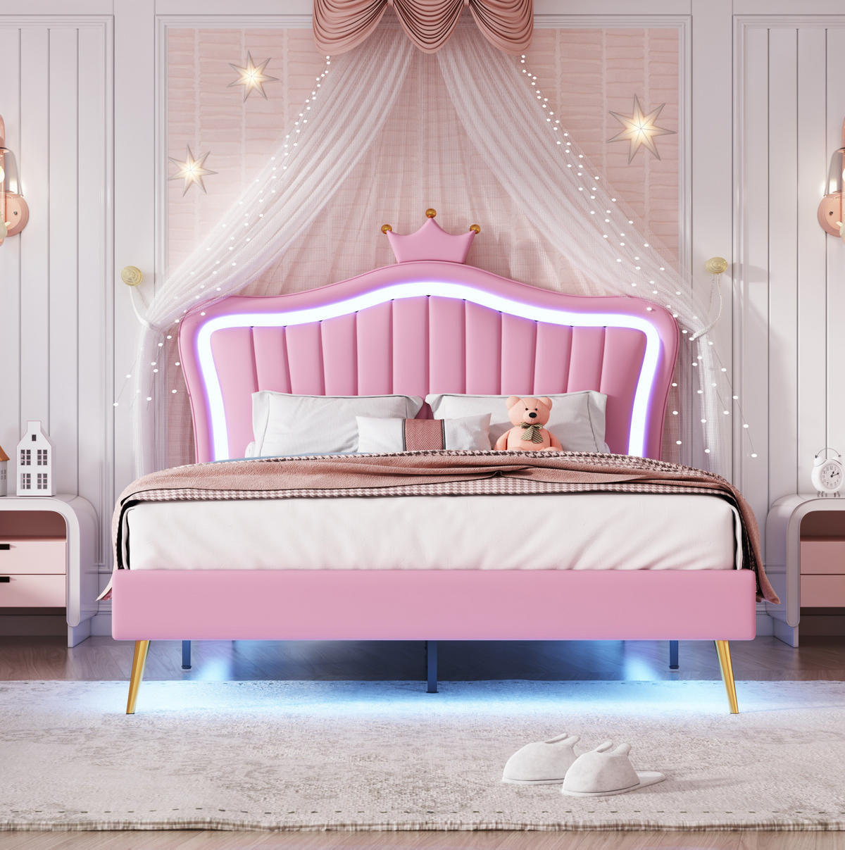 POLSTERBETT 140/200 cm rosa mit LED-Beleuchtung und höhenverstellbarem Kopfteil - Pink, Textil (140/200cm) - OKWISH