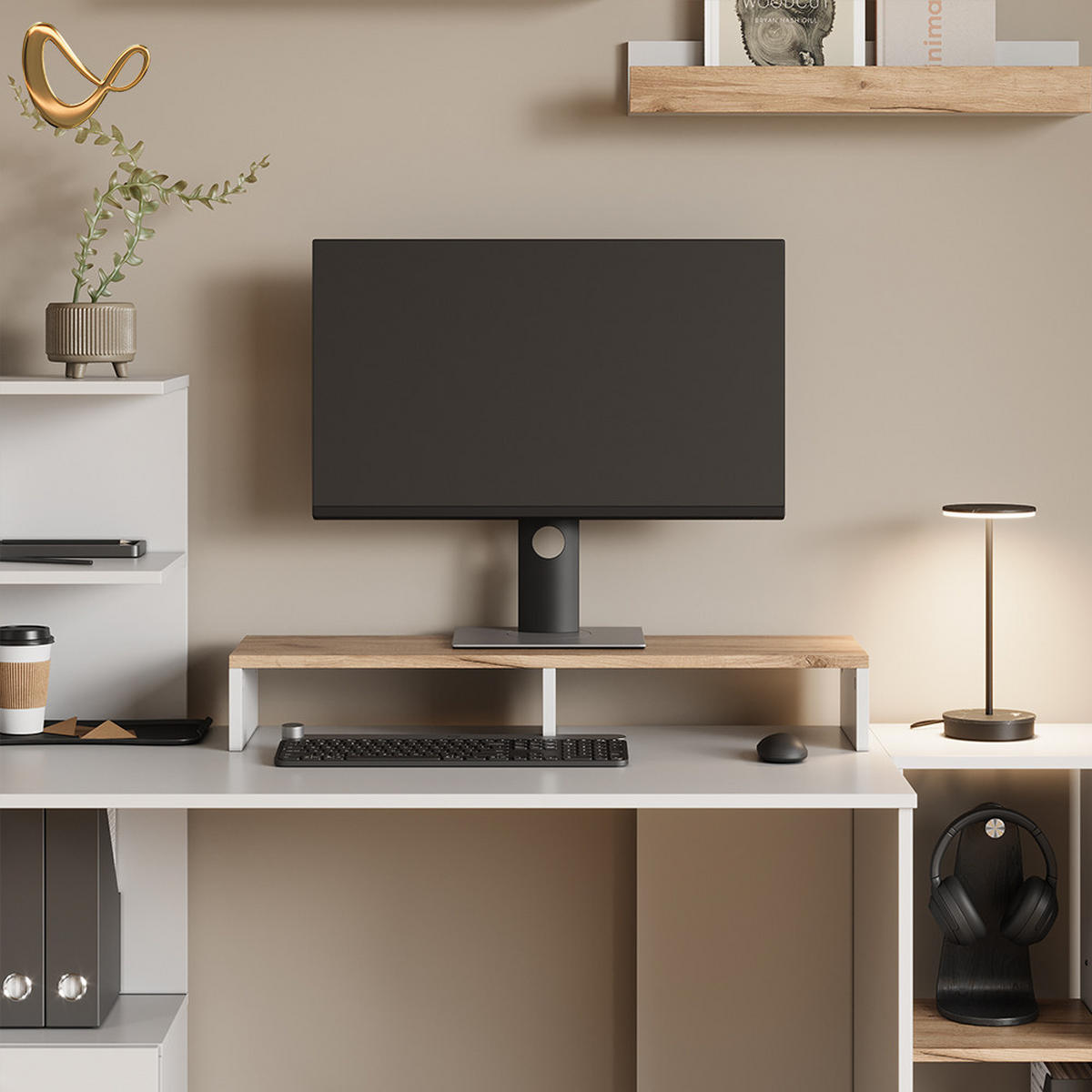 MONITORSTÄNDER Lorena Weiß/Goldkraft Eiche 80 x 12 cm - Weiß, Holzwerkstoff (23.5/80/12cm) - Livinity®