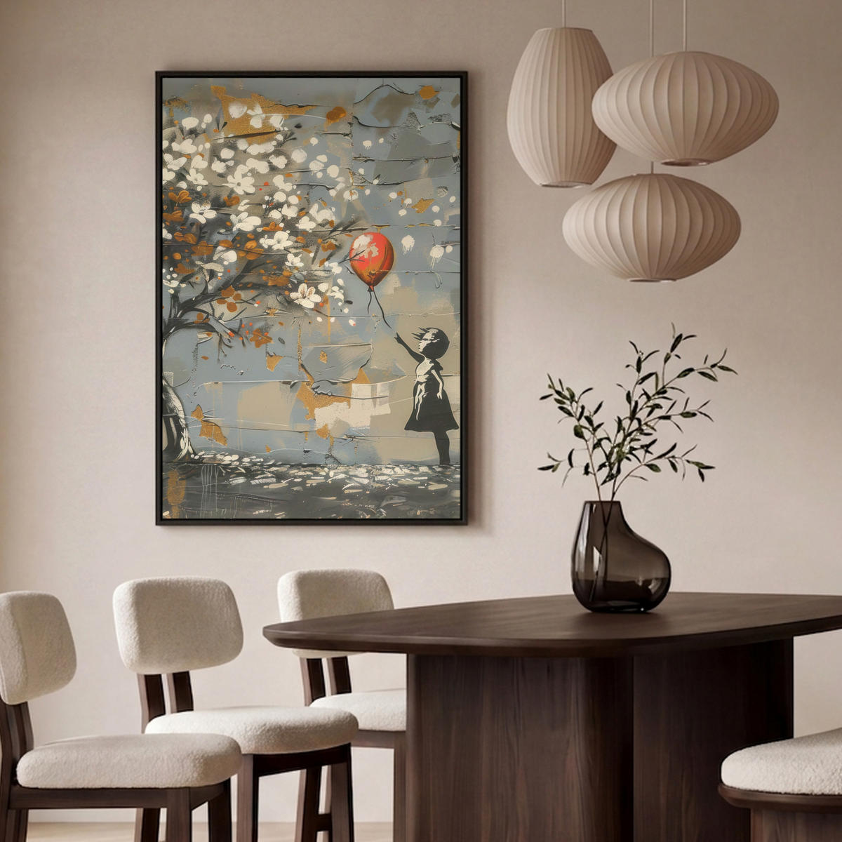 LEINWAND Bilder mit Rahmen - Baum - Graffiti - Banksy-Stil - Ballon-Mädchen - 80x120 - Blaugrau, Textil (80/120cm) - MuchoWow