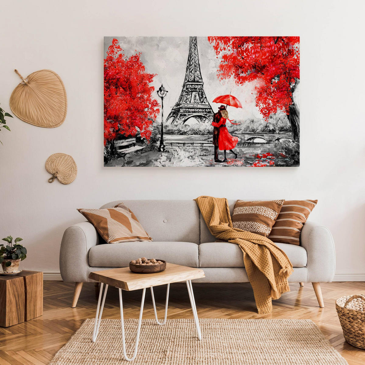LEINWANDBILD Romantisches Paris Eiffelturm Bäume Malarei 100x70 - Rot/Schwarz, Textil (100/70cm) - Muralo