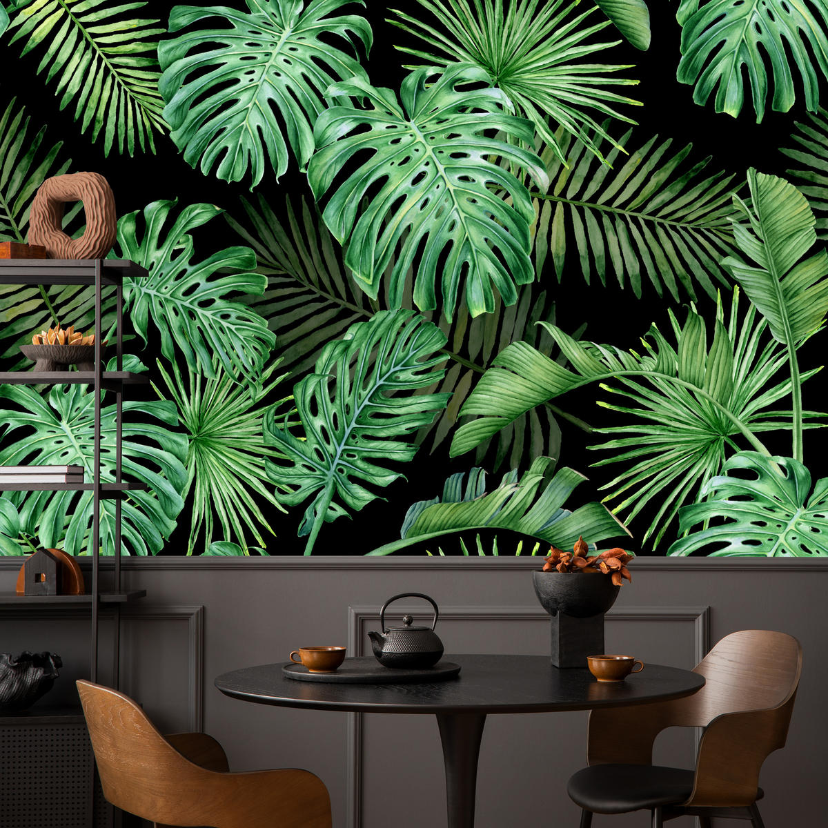 FOTOTAPETE für Schlafzimmer Exotische Grüne Monstera Palmen 500x350 - Schwarz/Grün, Papier (500/350cm) - Muralo