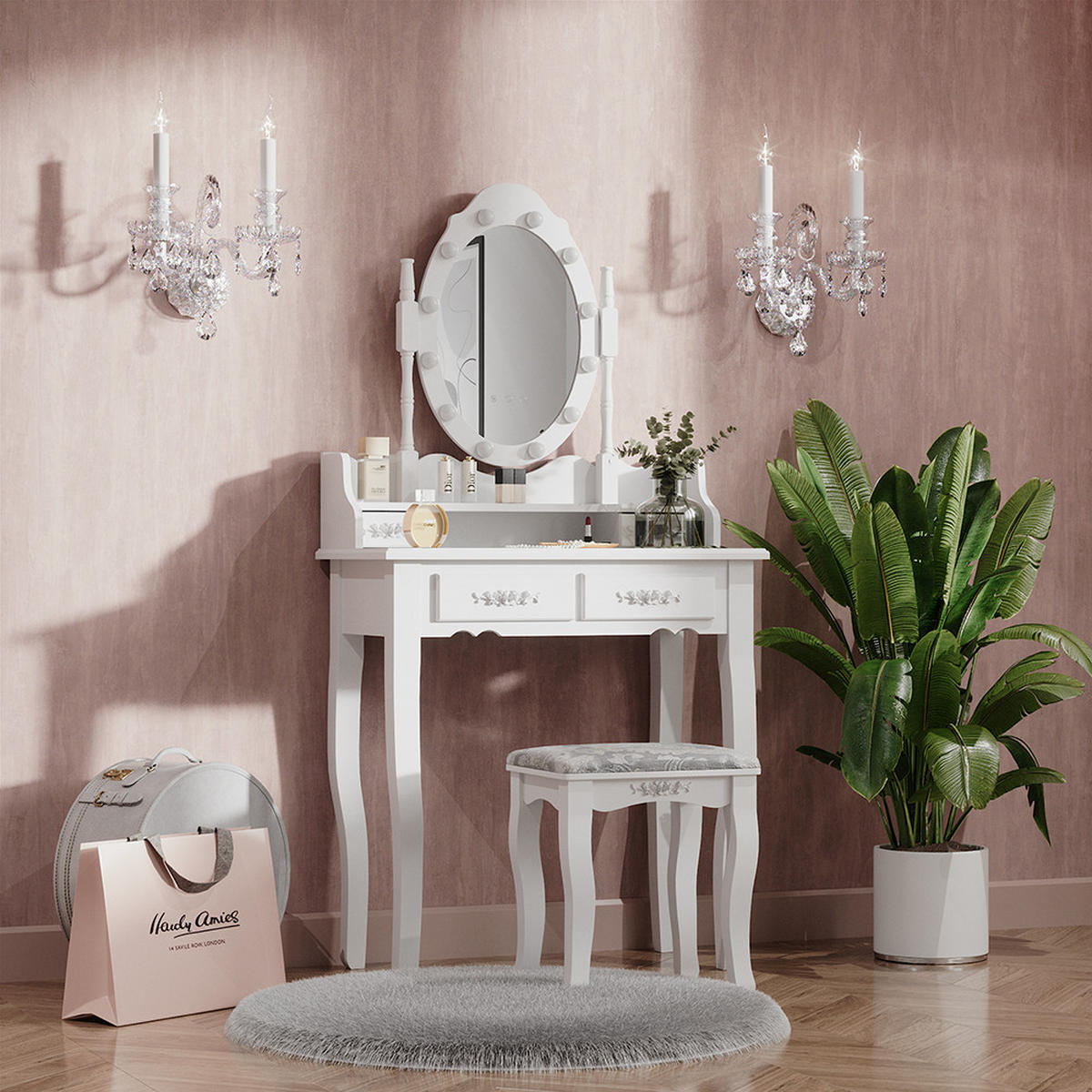 SCHMINKTISCH Maggie Weiß 75 cm mit LED Beleuchtung und Hocker - Weiß, Holzwerkstoff (75/146.5/40cm) - Vicco