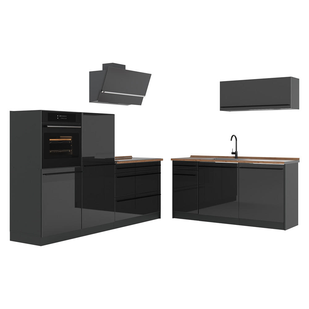 KÜCHENZEILE R-Line, Anthrazit Hochglanz/Anthrazit, 220 cm Arbeitsplatte Goldkraft Eiche - Schwarz Hochglanz/Anthrazit, Holzwerkstoff (220/143/60cm) - Vicco