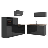 KÜCHENZEILE R-Line, Anthrazit Hochglanz/Anthrazit, 220 cm Arbeitsplatte Goldkraft Eiche - Schwarz Hochglanz/Anthrazit, Holzwerkstoff (220/143/60cm) - Vicco